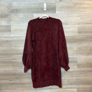 Bardot Burgundy Fuzzy Knit Balloon Sleeve Sweater Dress - Size L